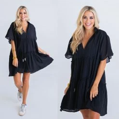 Uptown Ellie Boutique SOLID BLACK GAUZE TIERE DRESS- FINAL SALE