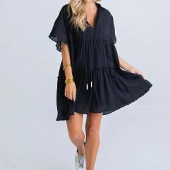 Uptown Ellie Boutique SOLID BLACK GAUZE TIERE DRESS- FINAL SALE