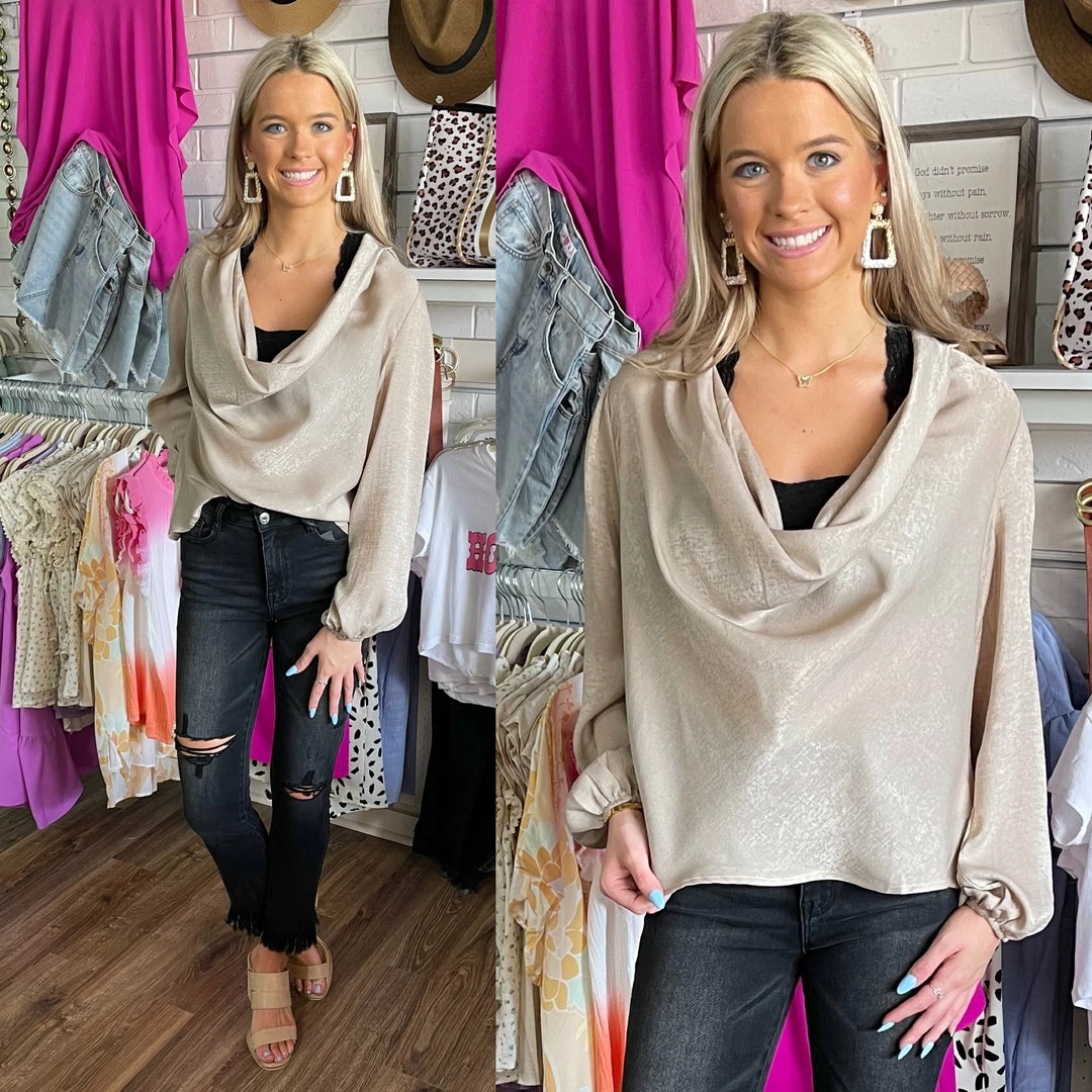 ANDREE BY UNIT CHAMPAGNE SATIN COWL NECK TOP CLOTHING 1 ANDREE BY UNIT CHAMPAGNE SATIN COWL NECK TOP CLOTHING